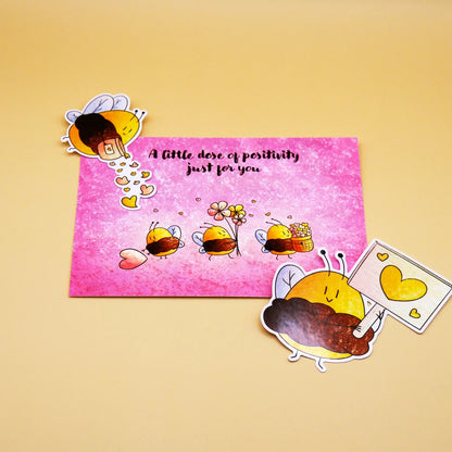 Bee & Love Bundle / 3-piece set : 1 postcard, 2 stickers